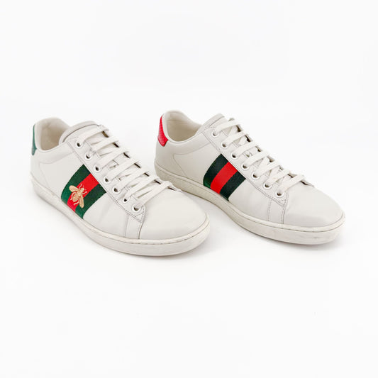 Gucci Bee Embroidered Ace Sneakers in White Leather Size 37