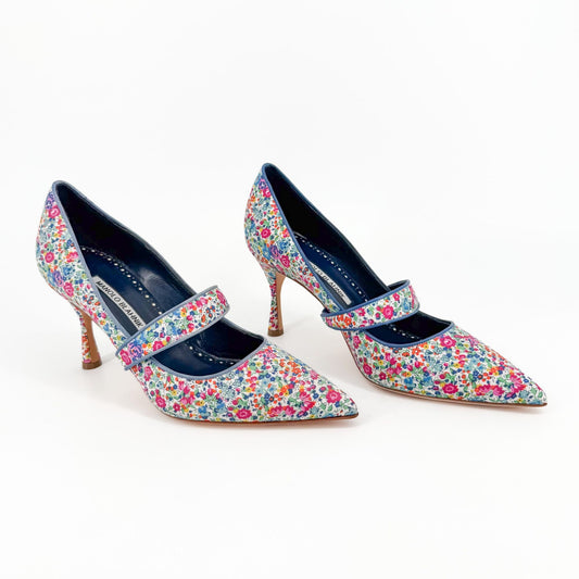 Manolo Blahnik Vibota Floral Mary Jane Pumps Size 38.5