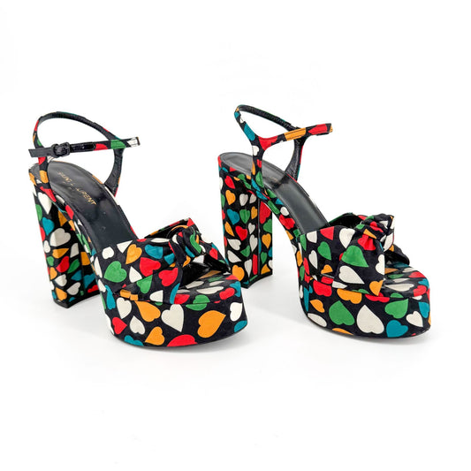 Saint Laurent Bianca Knotted Platform Sandals in Multicolor Heart Satin Size 38.5