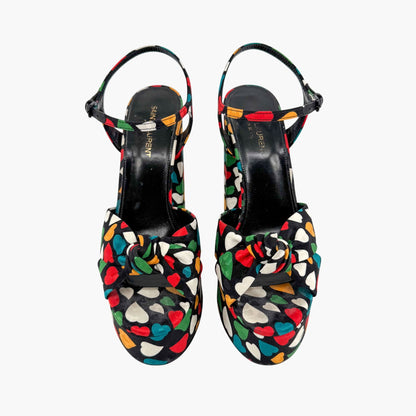 Saint Laurent Bianca Knotted Platform Sandals in Multicolor Heart Satin Size 38.5