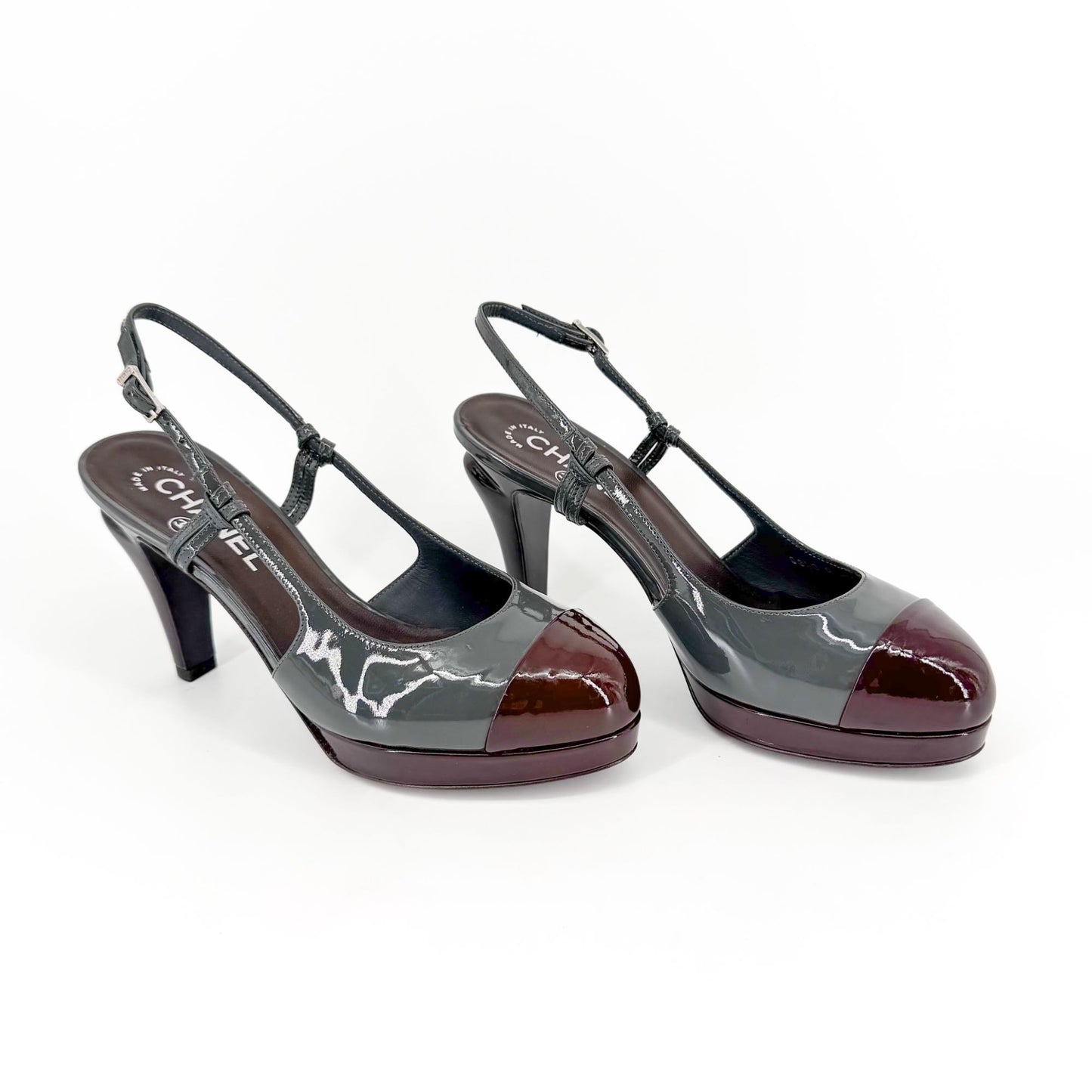 Chanel Cap Toe Slingback Platform Pumps Gray Burgundy Size 37.5