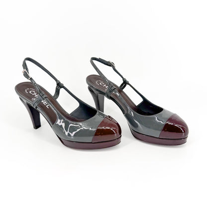 Chanel Cap Toe Slingback Platform Pumps Gray Burgundy Size 37.5