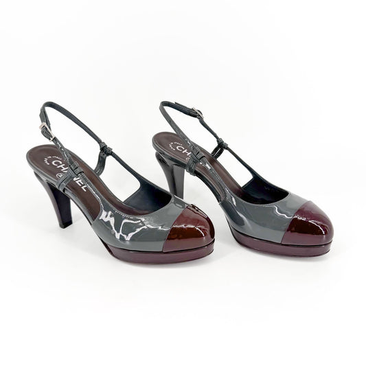 Chanel Cap Toe Slingback Platform Pumps Gray Burgundy Size 37.5