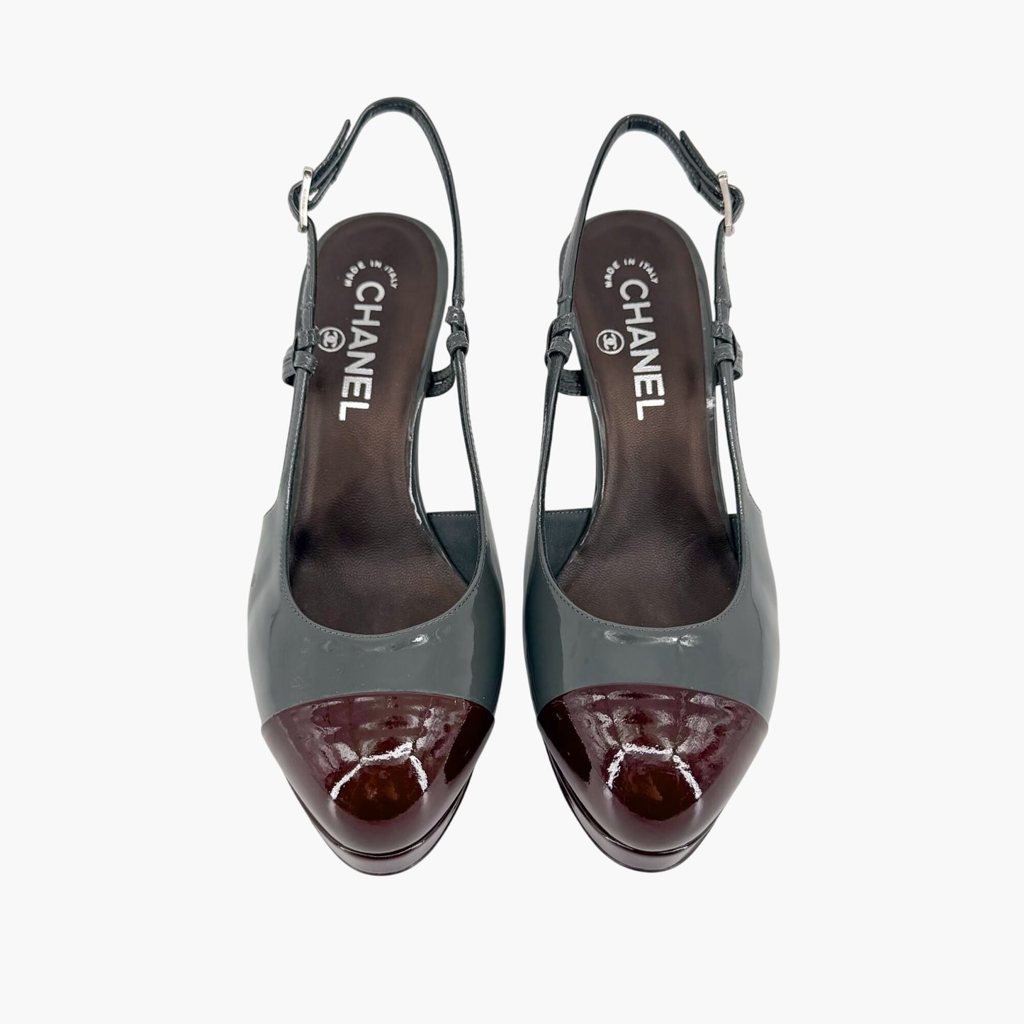 Chanel Cap Toe Slingback Platform Pumps Gray Burgundy Size 37.5