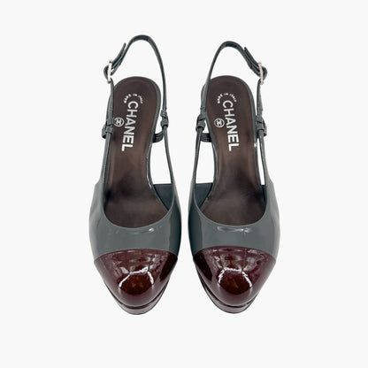 Chanel Cap Toe Slingback Platform Pumps Gray Burgundy Size 37.5