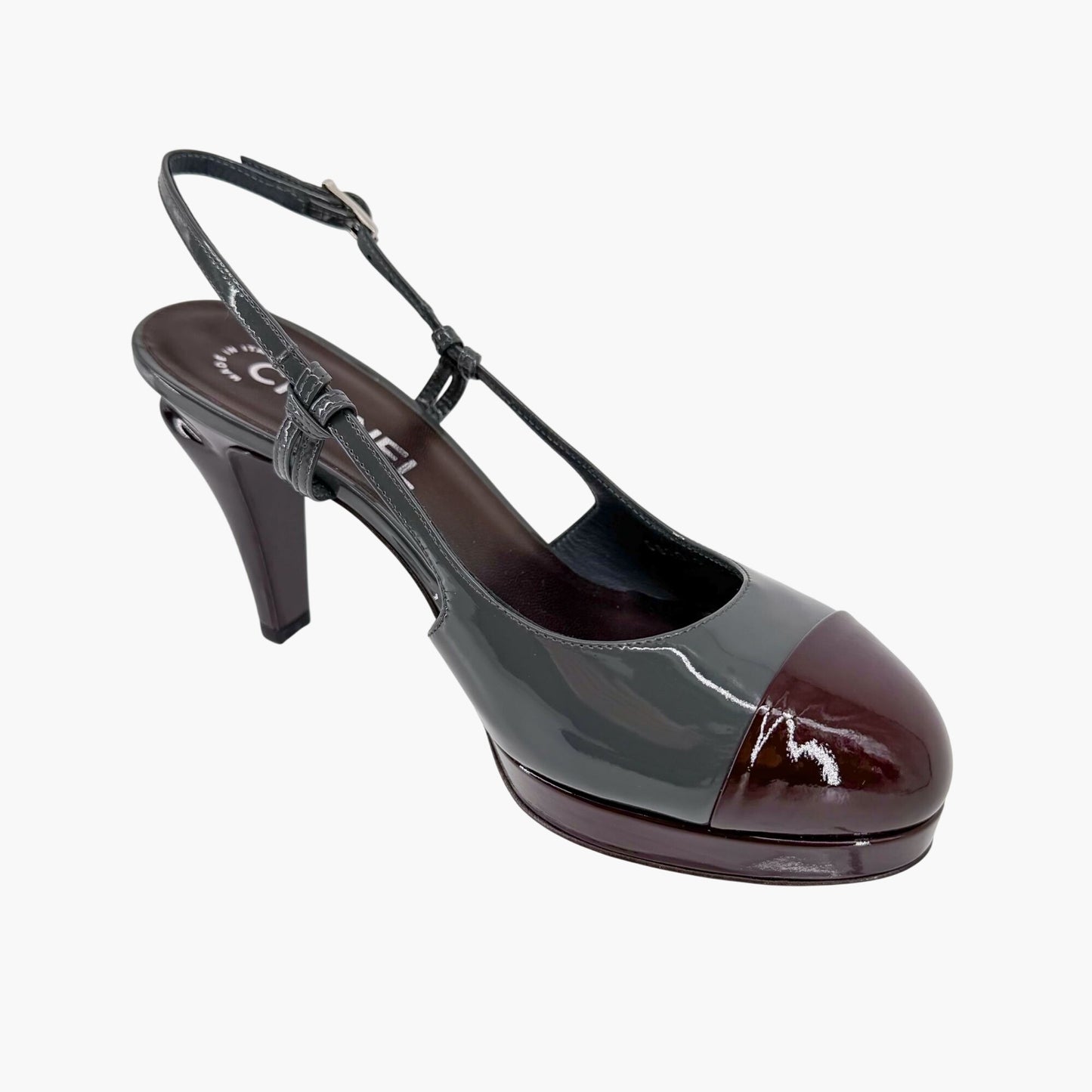 Chanel Cap Toe Slingback Platform Pumps Gray Burgundy Size 37.5