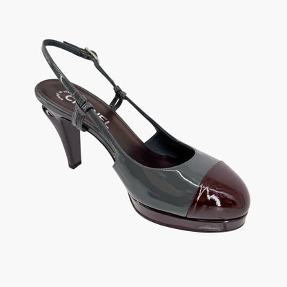 Chanel Cap Toe Slingback Platform Pumps Gray Burgundy Size 37.5