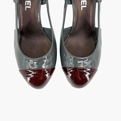 Chanel Cap Toe Slingback Platform Pumps Gray Burgundy Size 37.5