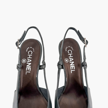 Chanel Cap Toe Slingback Platform Pumps Gray Burgundy Size 37.5