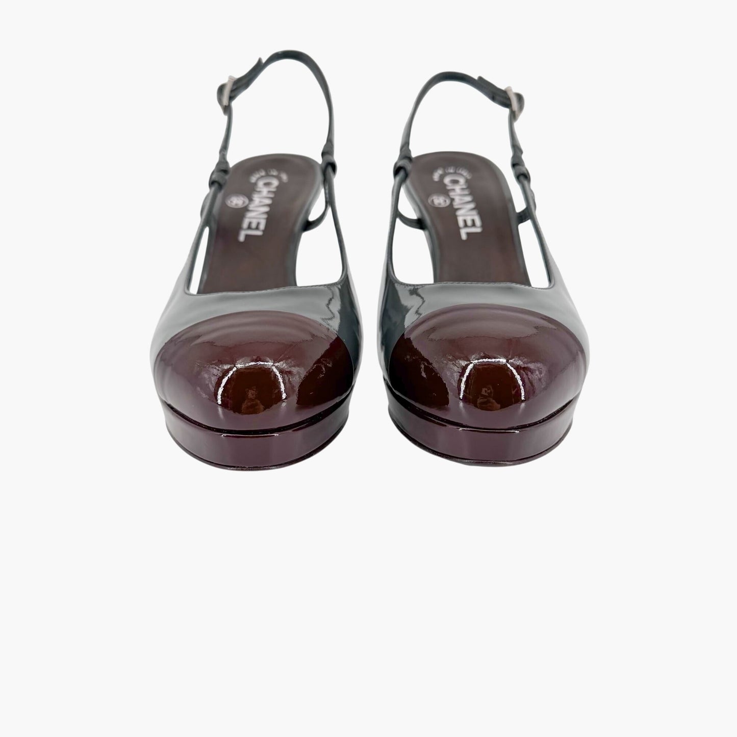 Chanel Cap Toe Slingback Platform Pumps Gray Burgundy Size 37.5