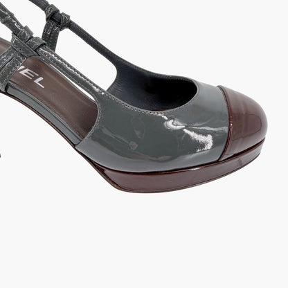 Chanel Cap Toe Slingback Platform Pumps Gray Burgundy Size 37.5