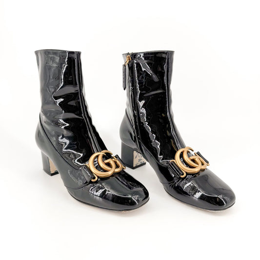 Gucci Victoire GG Ankle Boots in Black Patent Leather Size 36.5