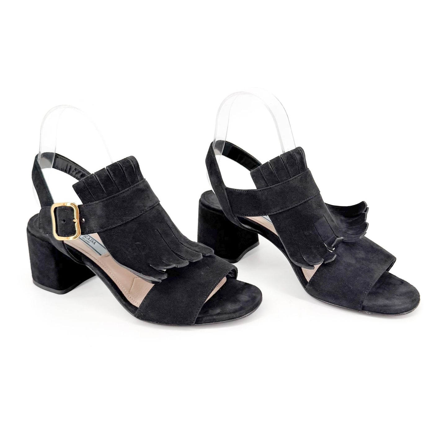 Prada Fringe Block Heel Sandals in Black Suede Size 38
