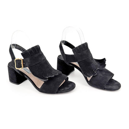 Prada Fringe Block Heel Sandals in Black Suede Size 38