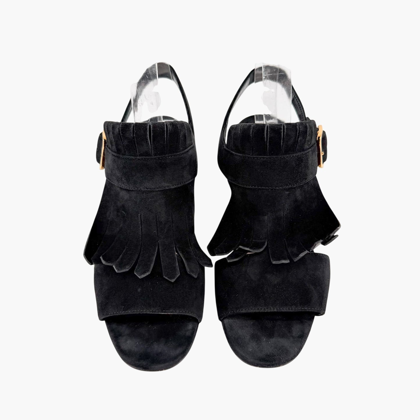 Prada Fringe Block Heel Sandals in Black Suede Size 38