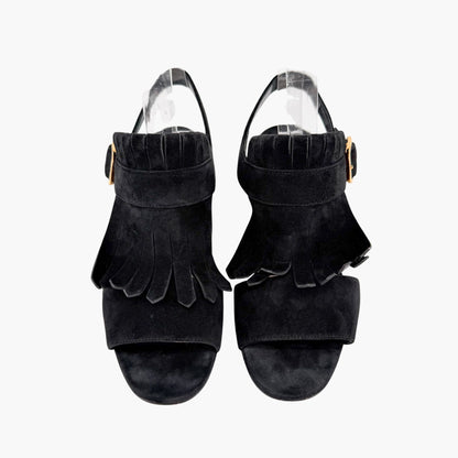 Prada Fringe Block Heel Sandals in Black Suede Size 38