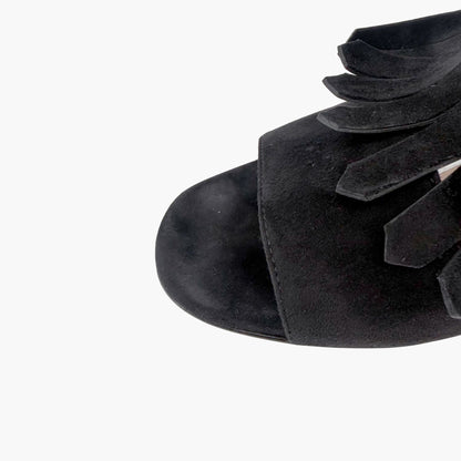 Prada Fringe Block Heel Sandals in Black Suede Size 38