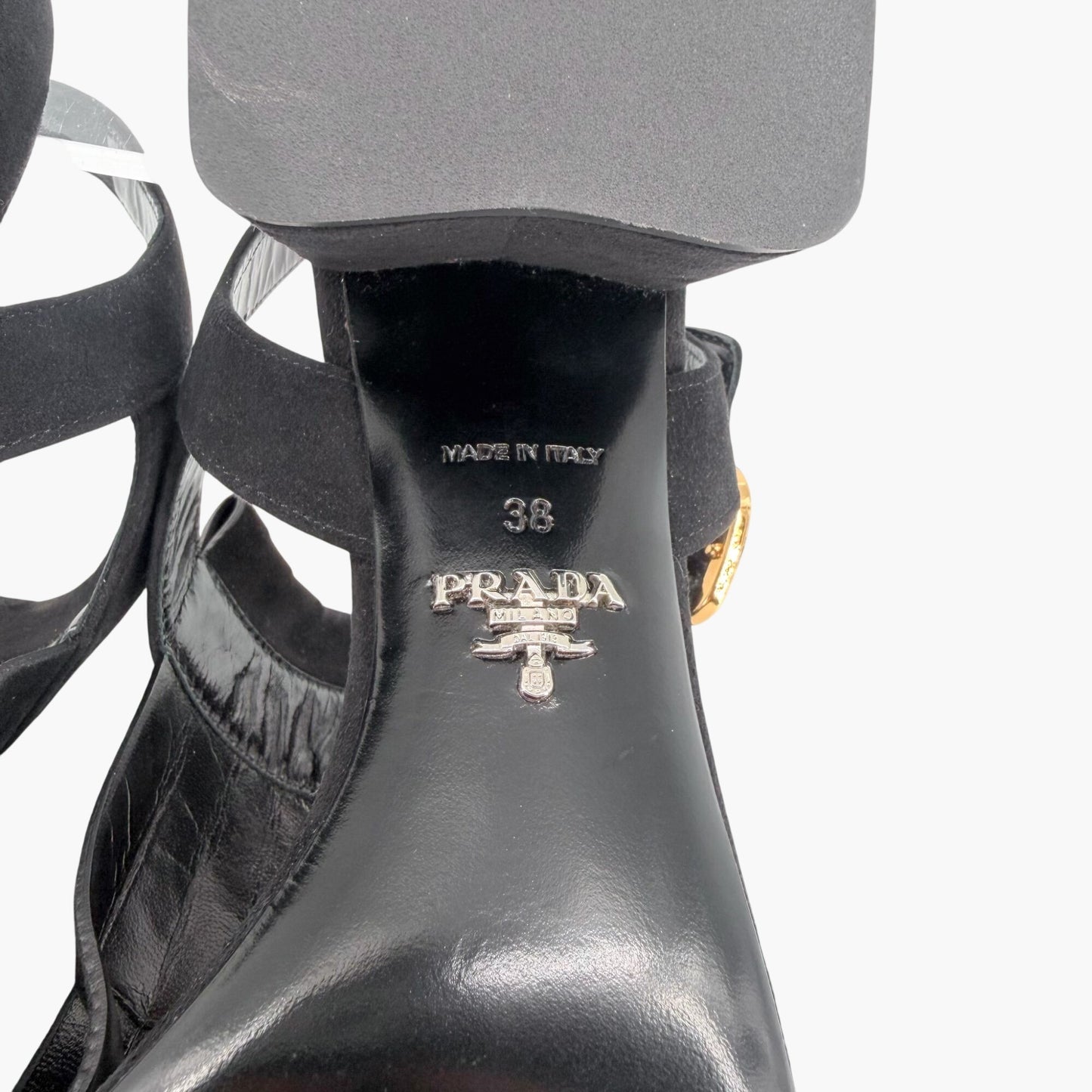 Prada Fringe Block Heel Sandals in Black Suede Size 38