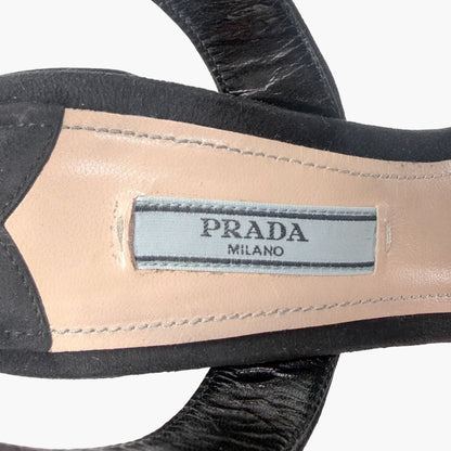 Prada Fringe Block Heel Sandals in Black Suede Size 38