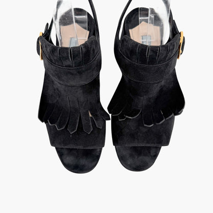 Prada Fringe Block Heel Sandals in Black Suede Size 38