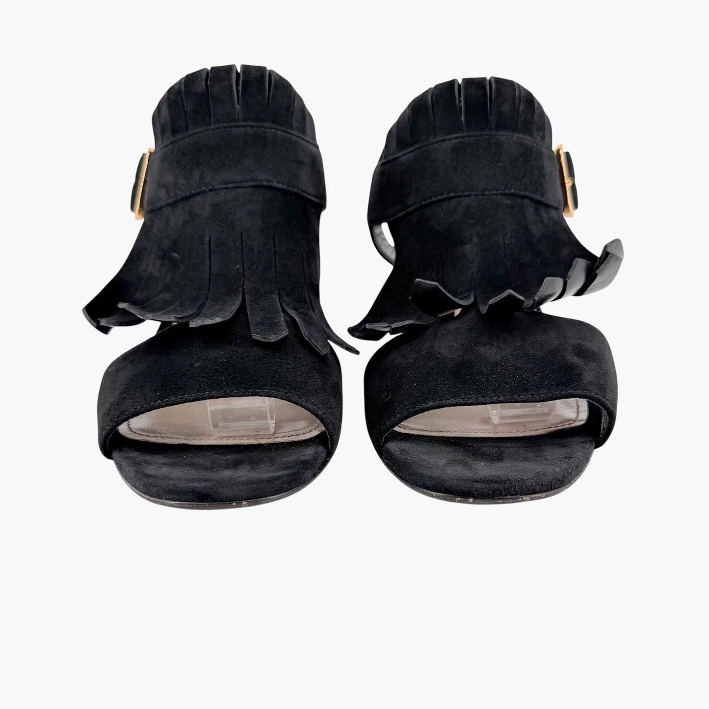 Prada Fringe Block Heel Sandals in Black Suede Size 38