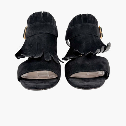 Prada Fringe Block Heel Sandals in Black Suede Size 38