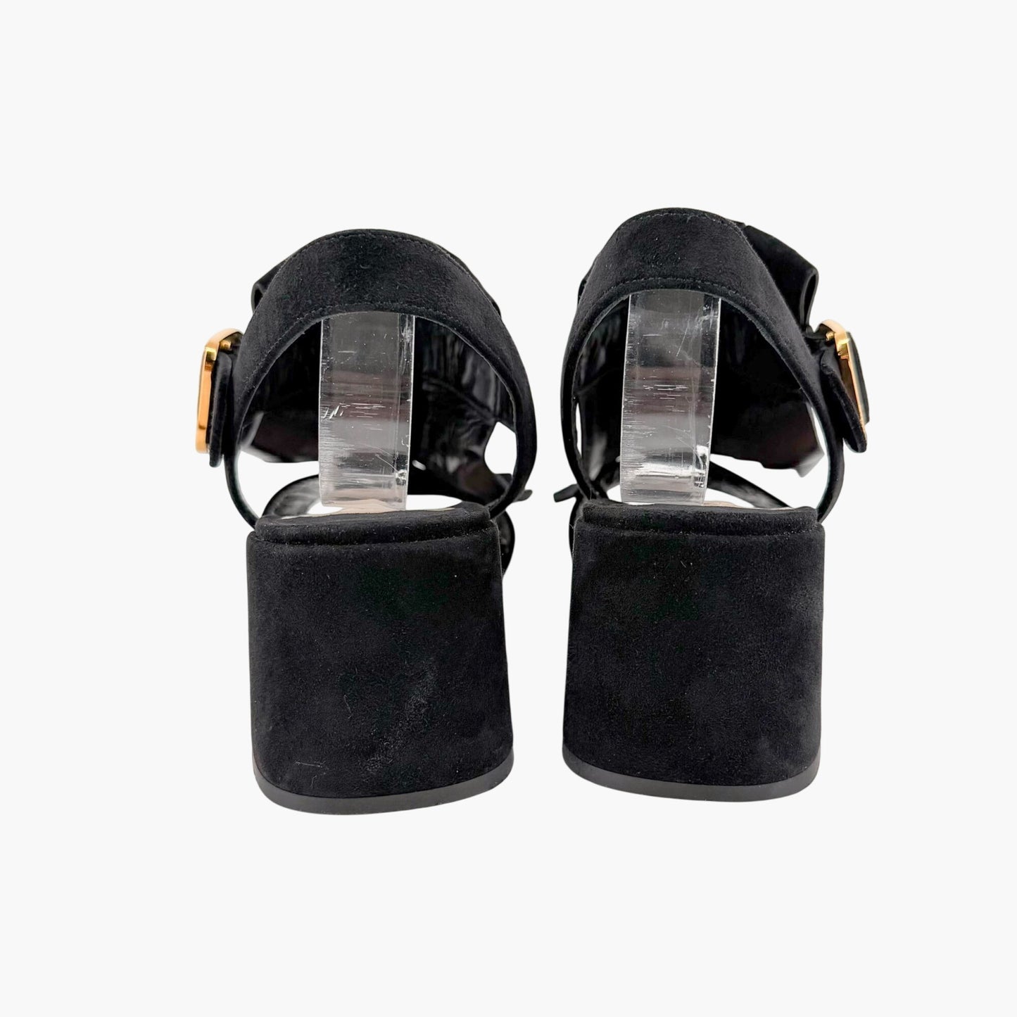 Prada Fringe Block Heel Sandals in Black Suede Size 38