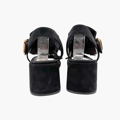 Prada Fringe Block Heel Sandals in Black Suede Size 38