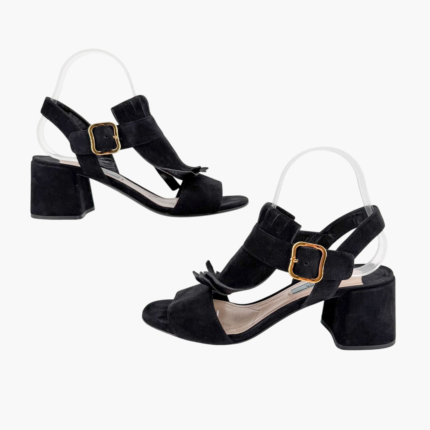 Prada Fringe Block Heel Sandals in Black Suede Size 38