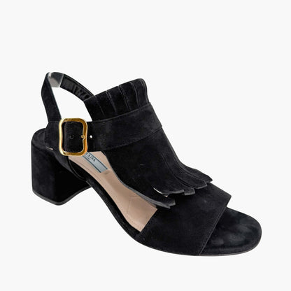 Prada Fringe Block Heel Sandals in Black Suede Size 38
