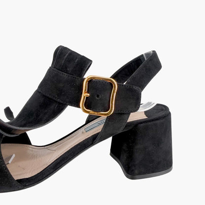 Prada Fringe Block Heel Sandals in Black Suede Size 38