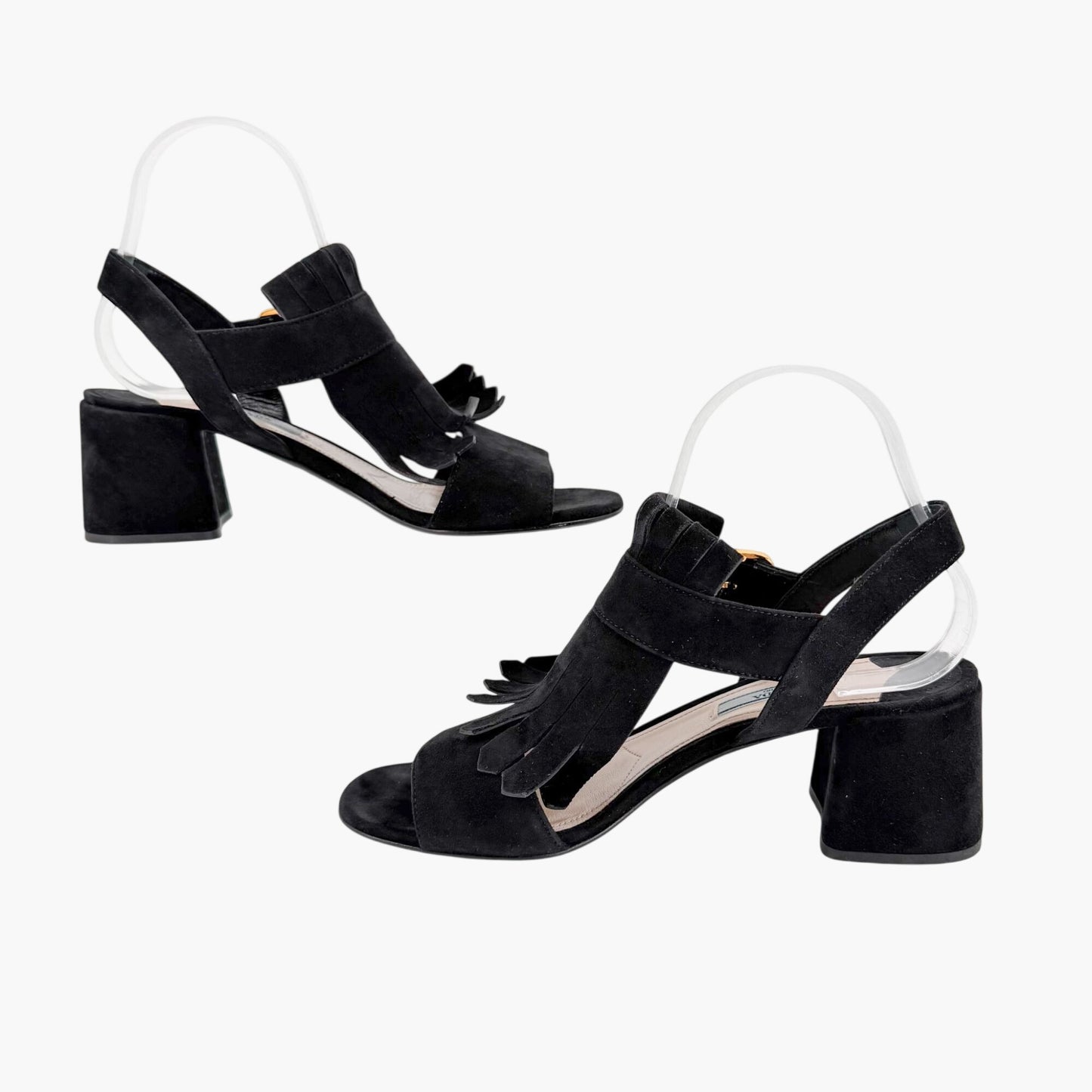 Prada Fringe Block Heel Sandals in Black Suede Size 38
