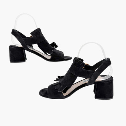 Prada Fringe Block Heel Sandals in Black Suede Size 38