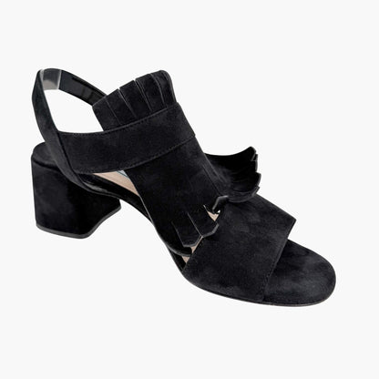 Prada Fringe Block Heel Sandals in Black Suede Size 38