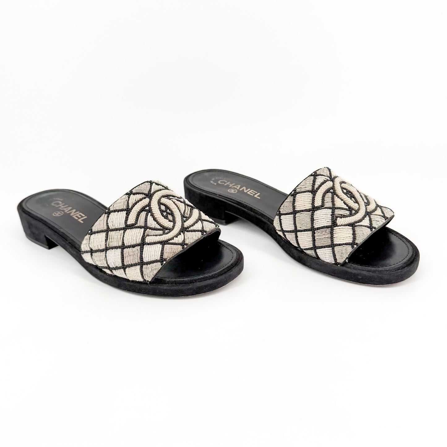 Chanel Pearl CC Embroidered Mule Sandals Size 39.5