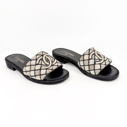 Chanel Pearl CC Embroidered Mule Sandals Size 39.5