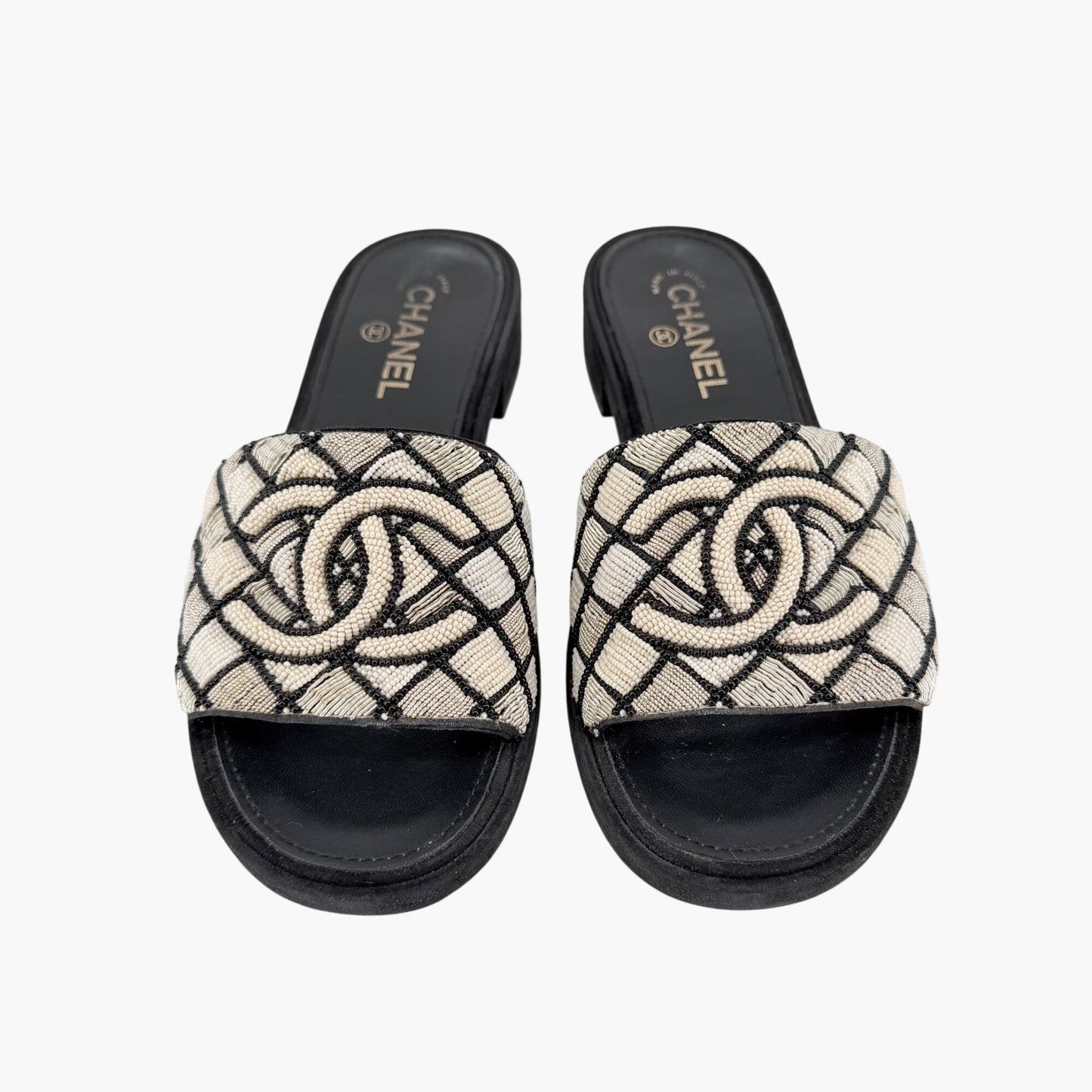 Chanel Pearl CC Embroidered Mule Sandals Size 39.5