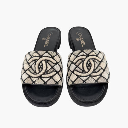 Chanel Pearl CC Embroidered Mule Sandals Size 39.5