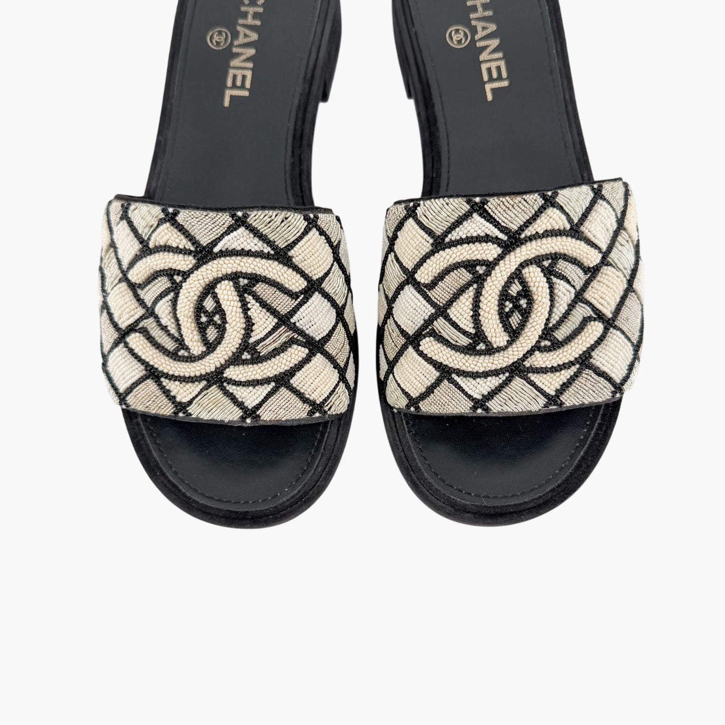 Chanel Pearl CC Embroidered Mule Sandals Size 39.5