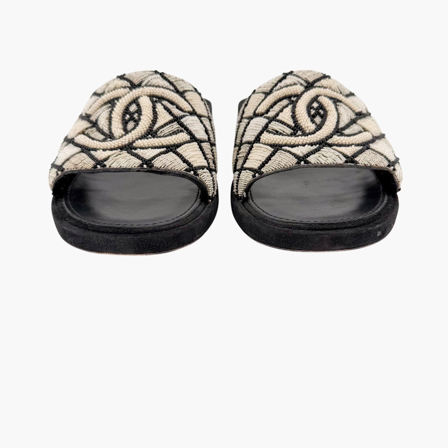 Chanel Pearl CC Embroidered Mule Sandals Size 39.5