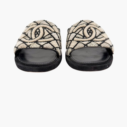 Chanel Pearl CC Embroidered Mule Sandals Size 39.5
