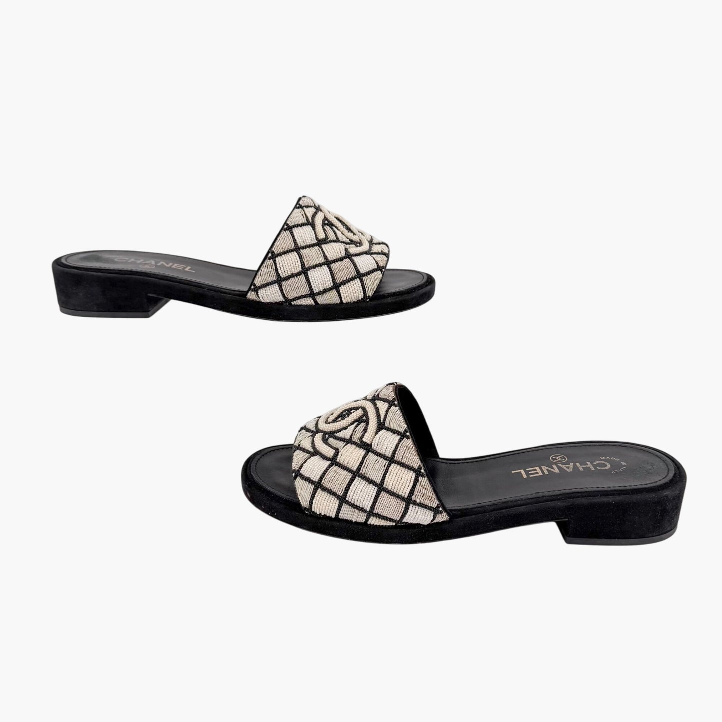 Chanel Pearl CC Embroidered Mule Sandals Size 39.5