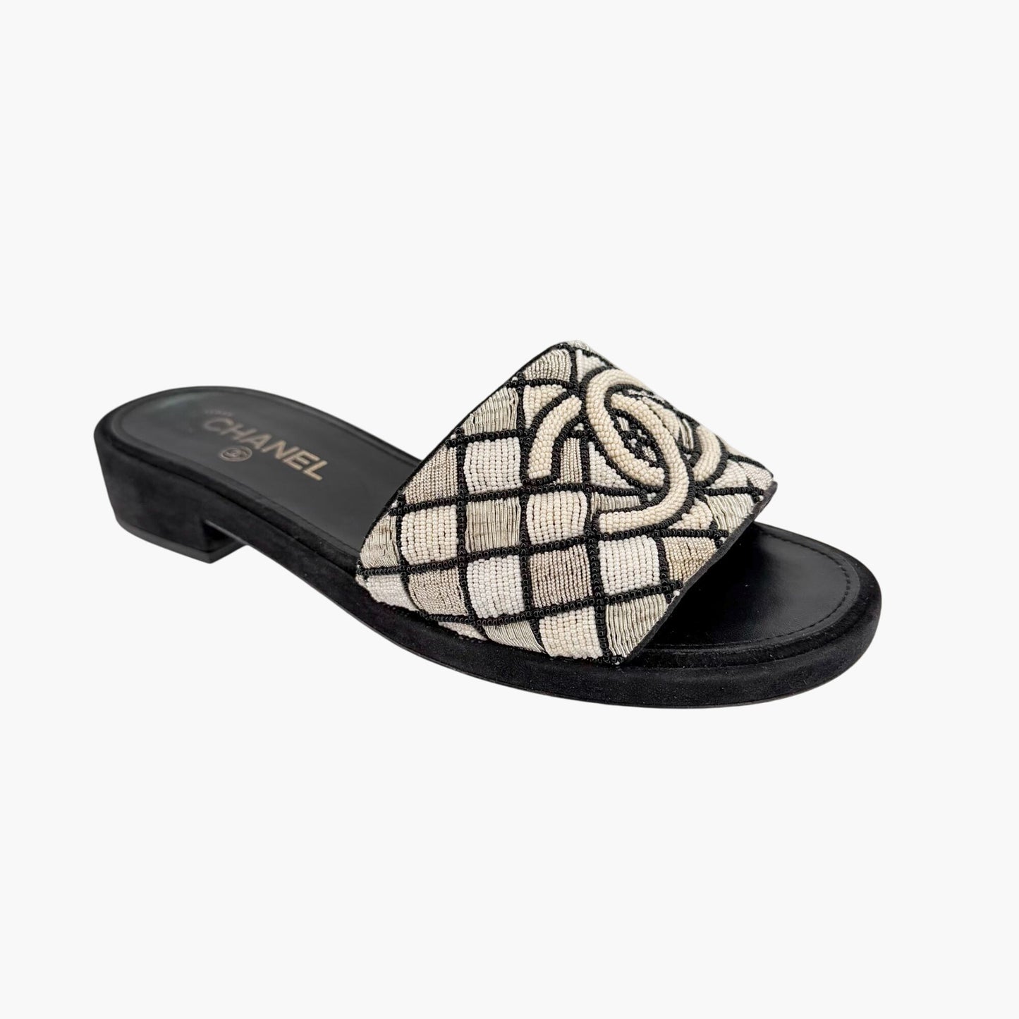 Chanel Pearl CC Embroidered Mule Sandals Size 39.5