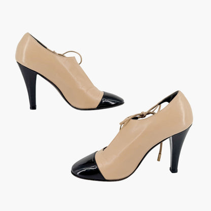 Chanel Two Tone Cutout Bootie Pumps Beige Black Size 36.5