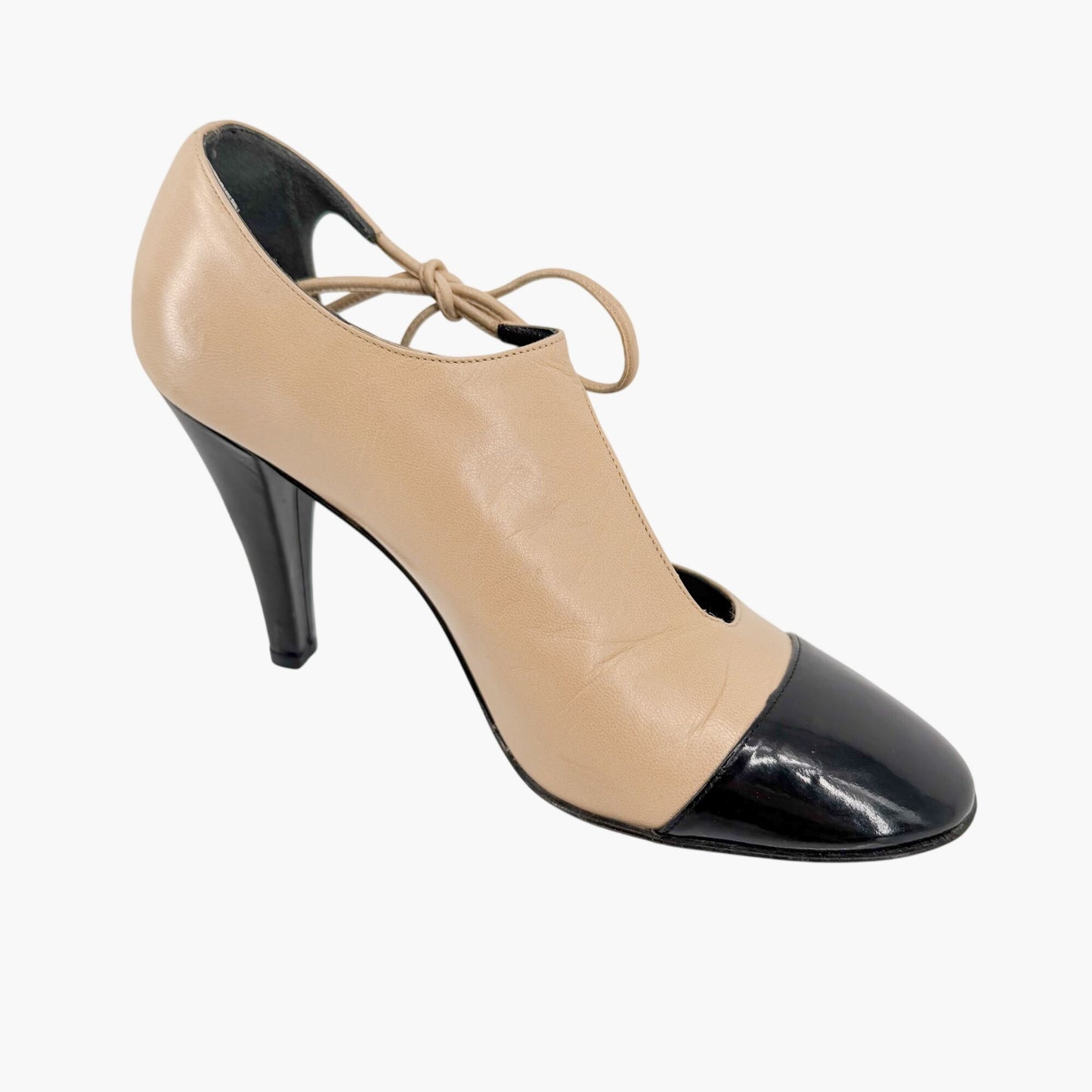 Chanel Two Tone Cutout Bootie Pumps Beige Black Size 36.5