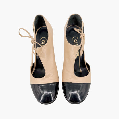Chanel Two Tone Cutout Bootie Pumps Beige Black Size 36.5