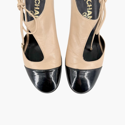 Chanel Two Tone Cutout Bootie Pumps Beige Black Size 36.5