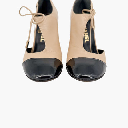 Chanel Two Tone Cutout Bootie Pumps Beige Black Size 36.5