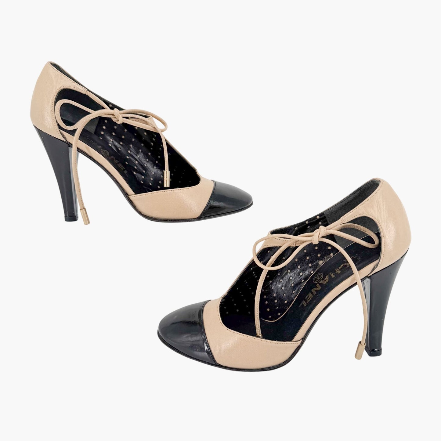 Chanel Two Tone Cutout Bootie Pumps Beige Black Size 36.5