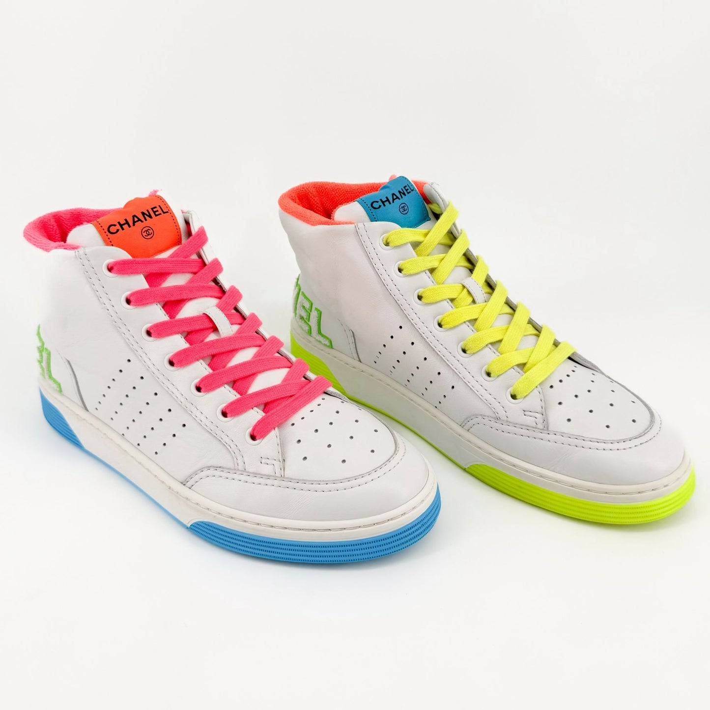 Chanel High Top Neon Accent Sneakers in White Leather Size 42